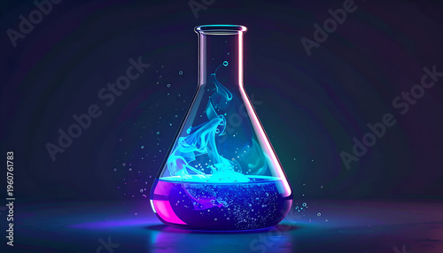 Erlenmeyer flask with glowing liquid and swirling light trails creating a futuristic science look