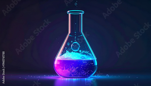 Erlenmeyer flask with bubbling liquid and neon glow effect in laboratory setting