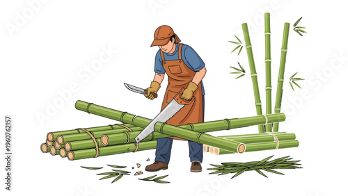 Bamboo Craftsmanship: A craftsman meticulously saws through bamboo stalks, surrounded by a collection of cut bamboo and leafy trimmings.