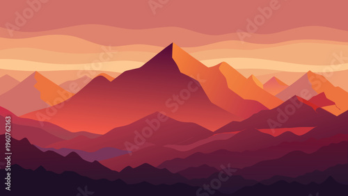 A minimalist flat vector illustration of a majestic mountain range at a beautiful glowing sunset