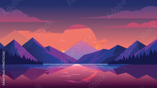 A serene flat vector illustration of majestic mountains reflected in a calm lake at sunset time