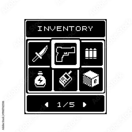 Pixel art inventory screen in retro monochrome style with weapon, gun, ammo and item icons, grid layout with navigation arrows and page indicator, suitable for RPG, shooter or adventure game interface