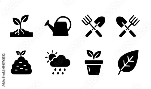 Gardening glyph icon set with plant growth soil care farming tools and weather symbols vector