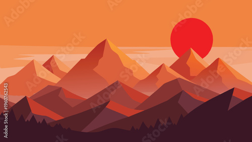 A flat vector illustration of a mountain range silhouette during a vibrant orange sunset scene