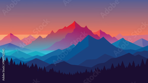 A beautiful minimalist vector illustration of layered mountains during a vibrant sunset twilight