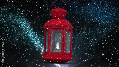 Animation of red shapes over red lantern shooting star on black background