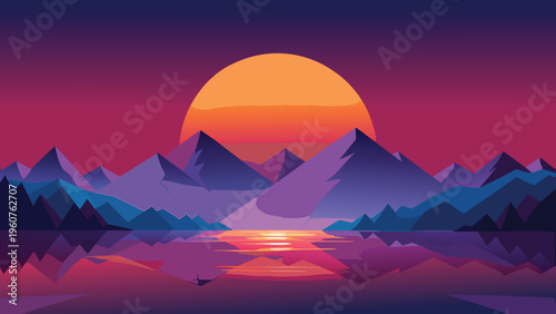 A vibrant digital illustration of a sunset over a mountain range reflected in a calm dark lake