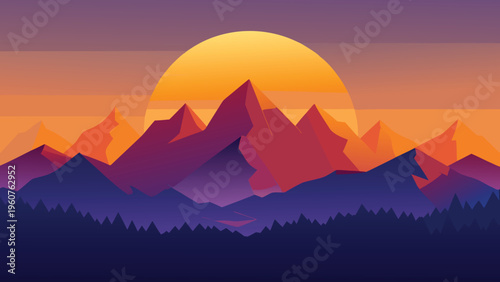 A minimalist vector illustration of a mountain range silhouetted against a large golden sunset