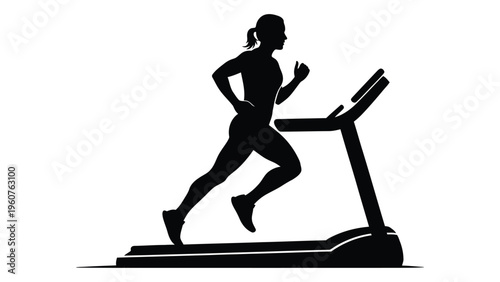 Silhouette of a woman running on a treadmill depicted in a minimalist style
