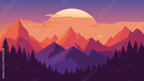 A serene flat vector illustration of majestic mountains at sunset with a silhouettes pine forest