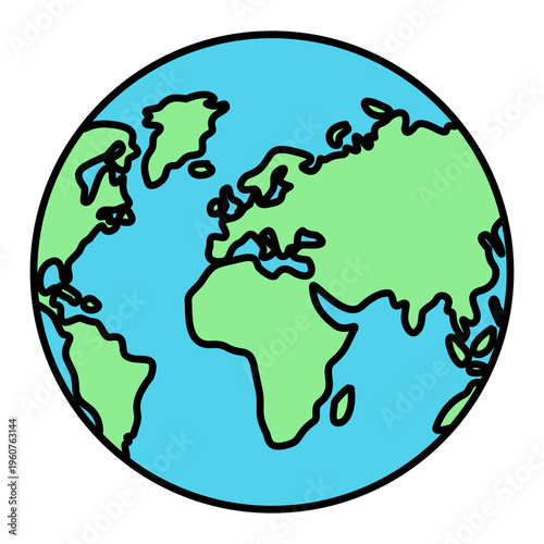 Flat vector illustration of planet Earth globe icon with green continents and blue ocean