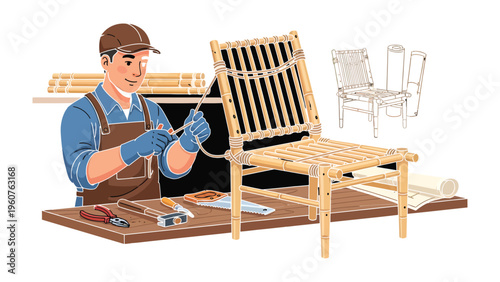 Craftsman at Work: A skilled craftsman meticulously works on assembling a wooden chair in a workshop setting, showcasing the art of woodworking and the creation process.