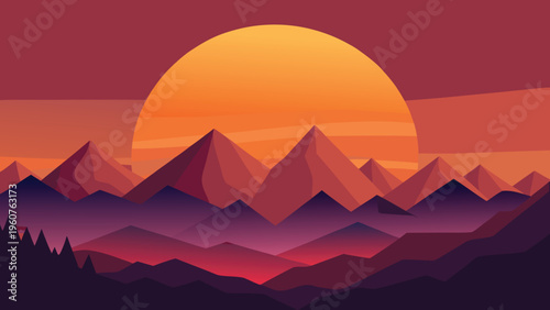 A minimalist flat vector illustration of a majestic mountain range during a vibrant golden sunset