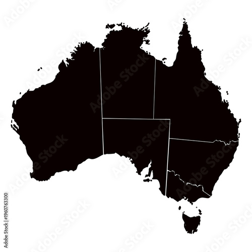 A black silhouette map of Australia with state borders isolated on a transparent background. Suitable for design, education, schools, business, and politics.