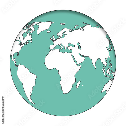 Minimalist stylized world globe map icon on teal background. Vector earth illustration for design