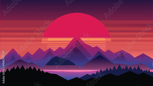 A vibrant digital illustration of a stylized mountain range landscape during a retro synthwave sunset