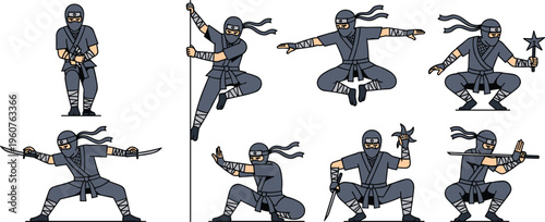 Ninja Action Poses Vector Set Featuring Sword Fighting, Throwing Stars, Stealth Movement, and Martial Arts Techniques