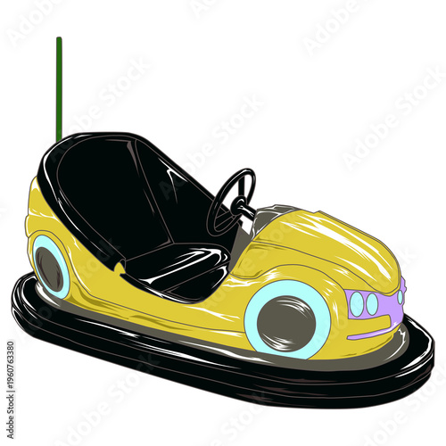 Yellow vintage bumper car illustration, amusement park dodgem isolated on transparent background