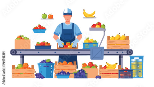 Fruit Sorting and Packaging Process: A worker meticulously sorts and packages a vibrant array of fresh fruits along an automated conveyor belt system.