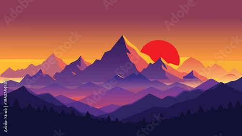 A vibrant digital illustration of a majestic mountain range during a serene and golden sunset hour