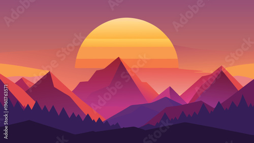 A vibrant digital illustration of a stylized mountain range set against a large glowing sunset sky