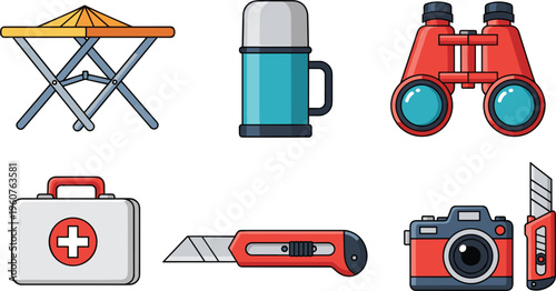 Camping and Travel Equipment Vector Set Including Folding Table Thermos Binoculars First Aid Kit Utility Knife Camera and Smartphone Flat Illustration