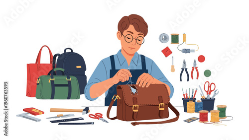 Artisan Crafting: Meticulous craftsmanship, an artisan dedicatedly repairs a leather bag in workshop, his workspace is set up with tools and other items related to his work.