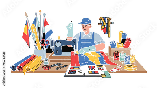 Crafting the Colors of Unity: A skilled artisan meticulously works on a sewing machine, creating a vibrant flag amidst a workspace filled with essential tools.