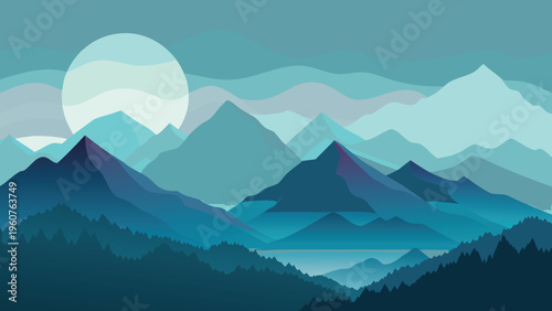 A minimalist flat vector illustration of majestic blue mountains under a large glowing full moon