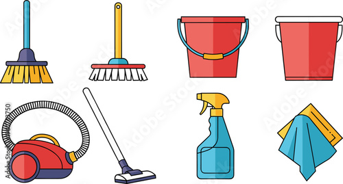 Cleaning Supplies Vector Set Featuring Mop Brush Buckets Vacuum Cleaner Spray Bottle Cloth and Sponge Flat Cartoon Household Equipment Illustration