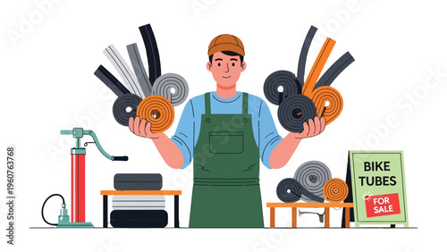 Bicycle Tubes Service: An energetic bicycle mechanic, surrounded by a vibrant display of colorful bicycle tubes, ready to provide expert service.