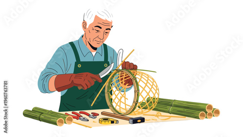 Billede på lærred Master Artisan Weaving: An older craftsman, immersed in his craft, meticulously weaves a traditional basket with focused precision, utilizing age-old techniques