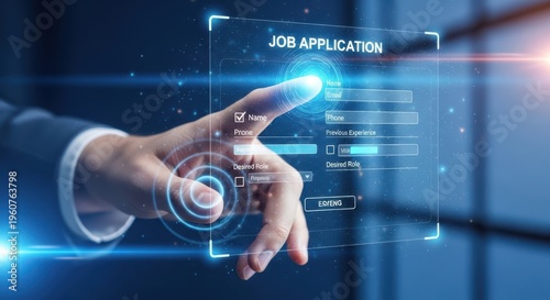 Hand interacting with job application form on hologram, recruitment HR, blue corporate background, sharp details.