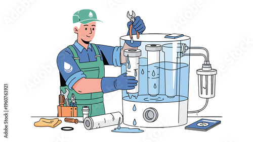 Water Filter Technician: A skilled technician diligently installs a new water filter, ensuring pristine water quality and efficient home appliance function.