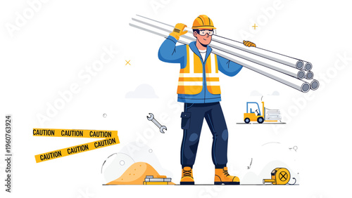 Construction worker at work: A construction worker in a hard hat and safety vest carries metal bars, while a forklift and caution tape indicate ongoing work.