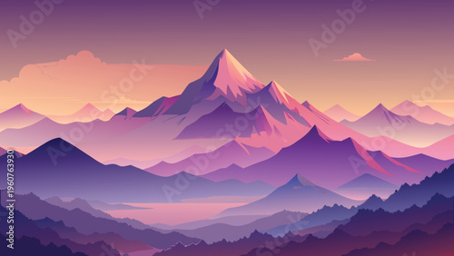 A serene digital illustration of majestic snow capped mountains under a soft purple sunset glow