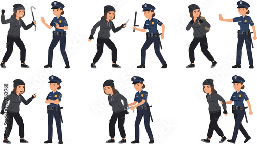 Police Officer Arresting a Burglar in Various Scenes, Handcuffing, and Fighting Crime