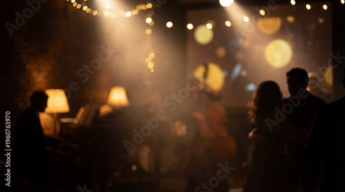 Atmospheric jazz club interior with live band and dancing silhouettes, moody speakeasy lounge with warm bokeh lights, vintage musical performance venue