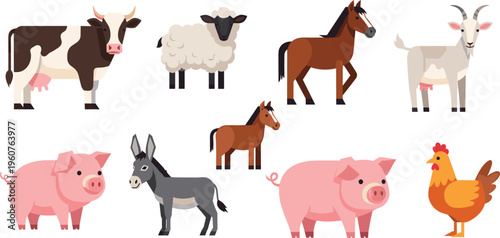 Farm Animals Vector Set Featuring Cow Sheep Horse Goat Pig Donkey Chicken and Foal Flat Cartoon Livestock Collection Illustration