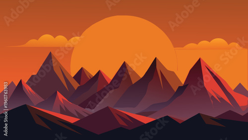 A minimalist vector illustration of jagged mountain peaks glowing under a large orange sunset sun