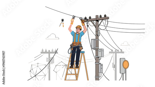 Power Line Technician at Work: An electrician meticulously works on overhead power lines, ensuring the smooth flow of electricity with precision, expertise, and dedication.