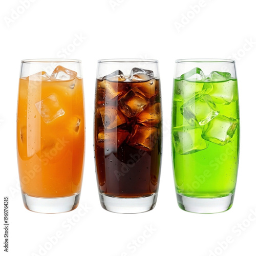Assorted colorful soft drinks with ice cubes isolated on white background