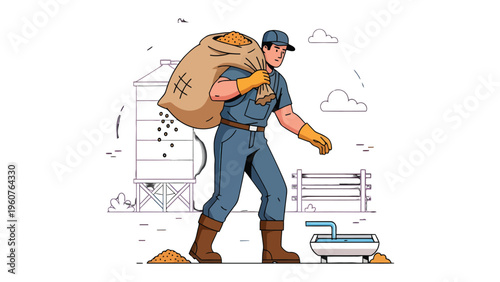 Farmer Carrying Sacks of Grain: A farmer in rustic attire, complete with a cap and gloves, carries a large sack of grain over his shoulder.