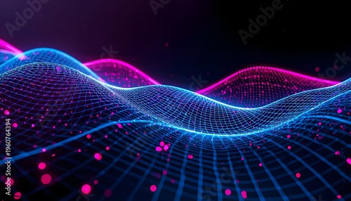 Futuristic neon grid wave with glowing blue and pink particles on dark background, representing digital data flow, technology, and cyberpunk style motion.