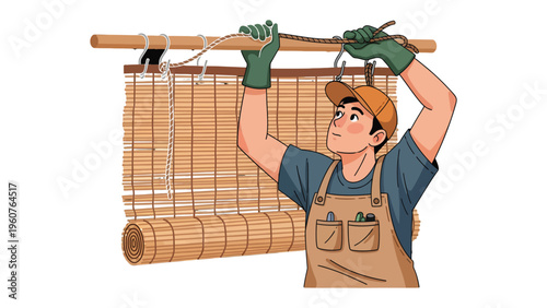 Artisan Crafting Bamboo Blinds: An artisan meticulously crafts a set of bamboo blinds, demonstrating skill and attention to detail. This image encapsulates craftsmanship.