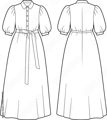 Flat fashion technical drawing of puff sleeve maxi dress with collar, waist tie belt, button front closure, CAD vector illustration