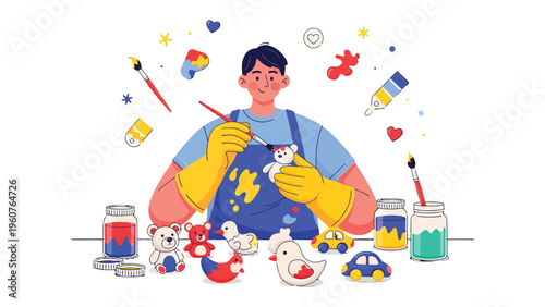 Creative Artisan at Work: An artist meticulously paints a variety of charming toy figurines, showcasing the dedication of craftsmanship.