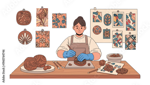 Artisan at Work: An artisan meticulously carves intricate designs into a clay piece, surrounded by examples of her finished artistry and tools of her craft. A testament to creativity.