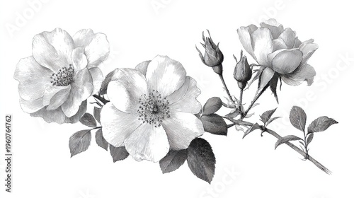 Delicate rose blooms and buds detailed botanical illustration flower drawing