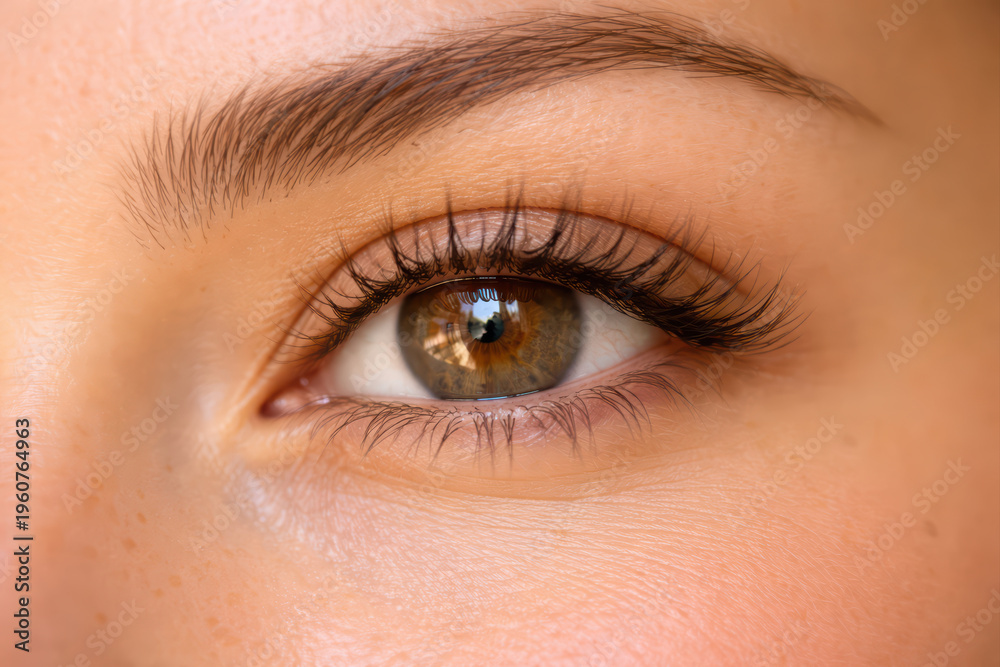 Obraz premium Close up eye brown eye eyebrow eyelashes skin texture human eye natural light healthy skin female eye macro photography